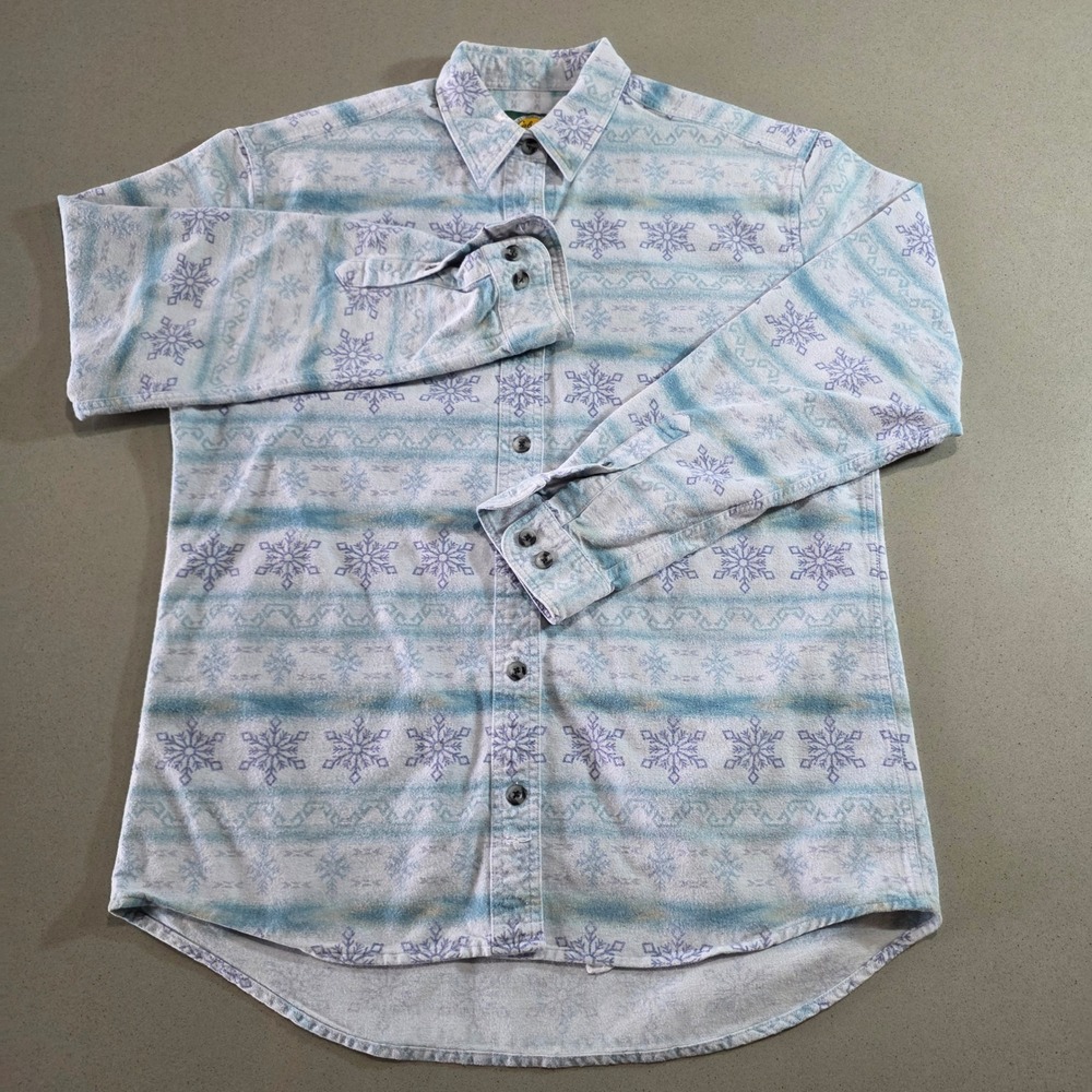 Cabelas Womens Flannel Shirt Medium Blue Snowflake Print Cotton Button Down